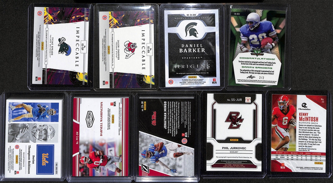 Lot of (9) 2023 Football Autograph and Jersey Cards inc. Leaf Valiant Barry Sanders Autograph (#/2) Chronicles Draft Picks Jonathan Mingo Rookie Autograph Patch (#/199)