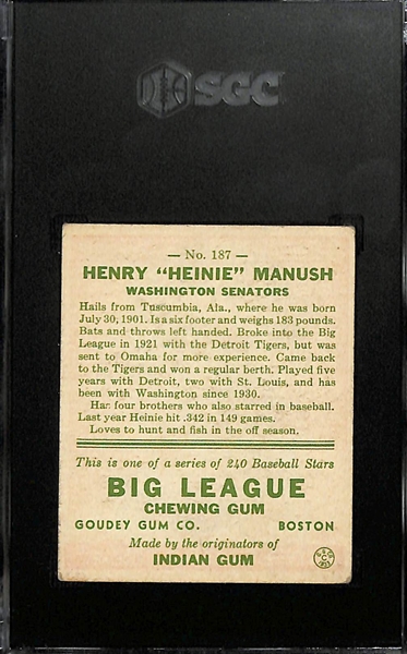 1933 Goudey #187 Heinie Manush Graded SGC 4.5