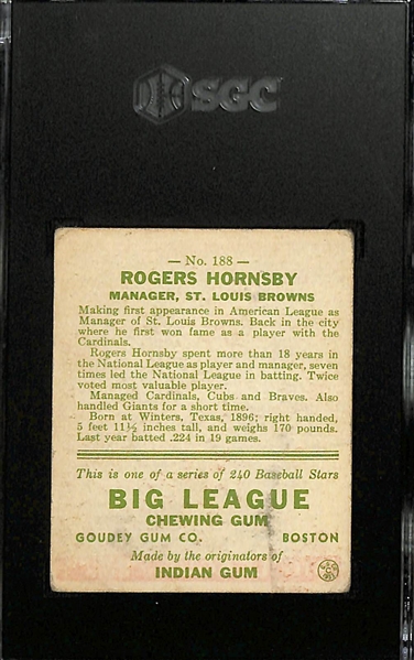 1933 Goudey #188 Rogers Hornsby Graded SGC 3