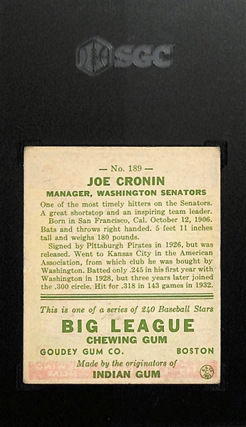 1933 Goudey #189 Joe Cronin Graded SGC 4.5