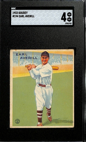 1933 Goudey #194 Earl Averill (HOF) Rookie Card Graded SGC 4