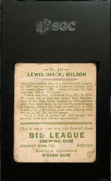 1933 Goudey #211 Hack Wilson Graded SGC 1