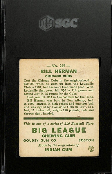 1933 Goudey #227 Bill Herman Graded SGC 2