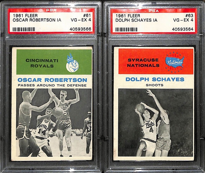 Lot of (7) 1961-62 Fleer Basketball Rookie Cards inc. Oscar Robertson In Action (PSA 4), Dolph Schayes In Action (PSA 4), + 