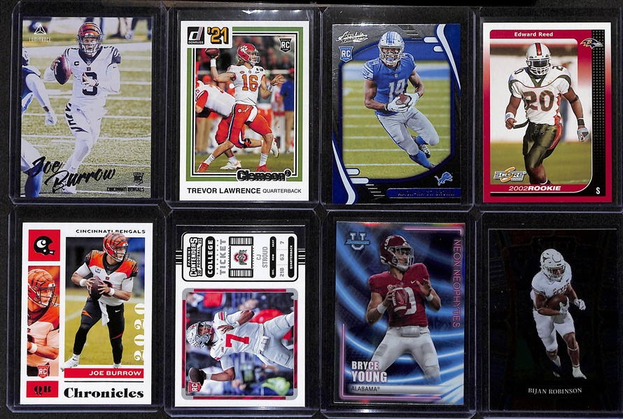 Lot of Approx (200) Football Rookie Cards inc. Joe Burrow, Trevor Lawrence, Amon-Ra St Brown, Ed Reed, CJ Stroud, +