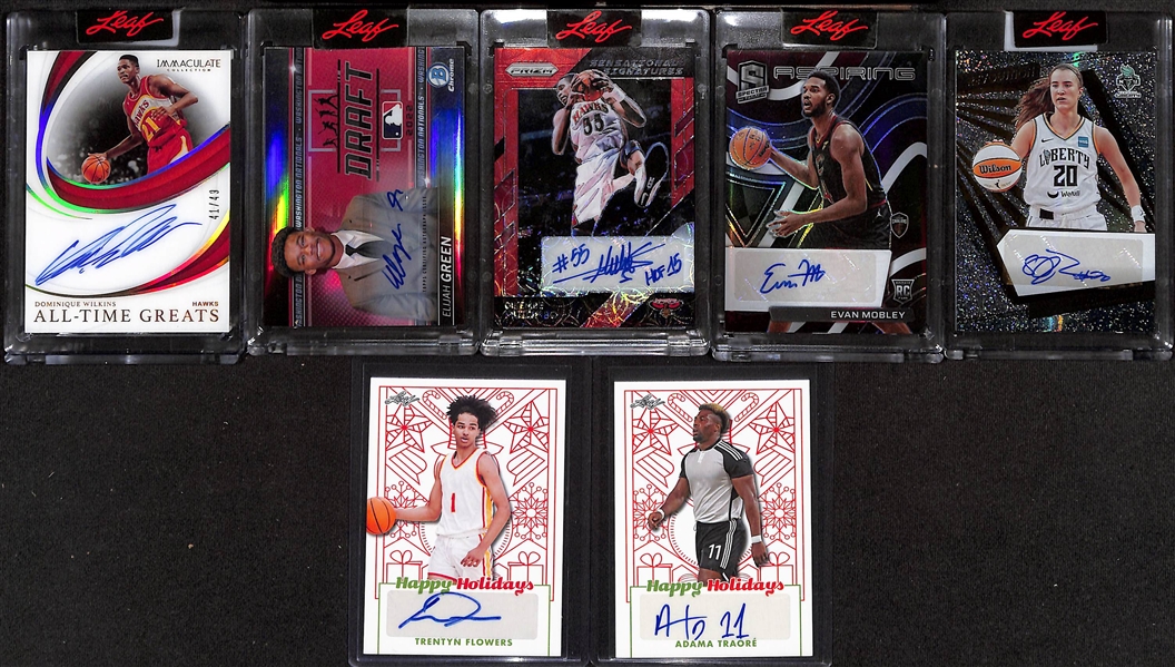 Lot of (7) Autograph Sports Cards inc. 2021-22 Revolution WNBA Sabrina Ionescu, 2018-19 Immaculate Dominque Wilkins (#/49), +