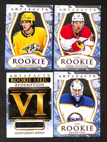 Lot of (19) 2023-24 Upper Deck Artifacts Rookie Cards inc. Luke Evangelista (#/35), Jakob Pelletier (#/499), Rookie Relic Redemption VI, +