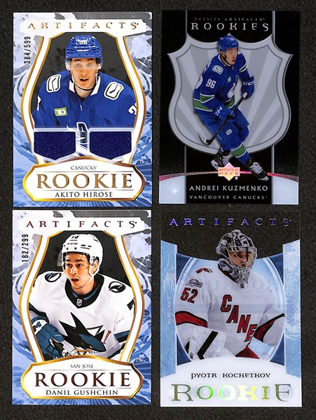 Lot of (19) 2023-24 Upper Deck Artifacts Rookie Cards inc. Luke Evangelista (#/35), Jakob Pelletier (#/499), Rookie Relic Redemption VI, +