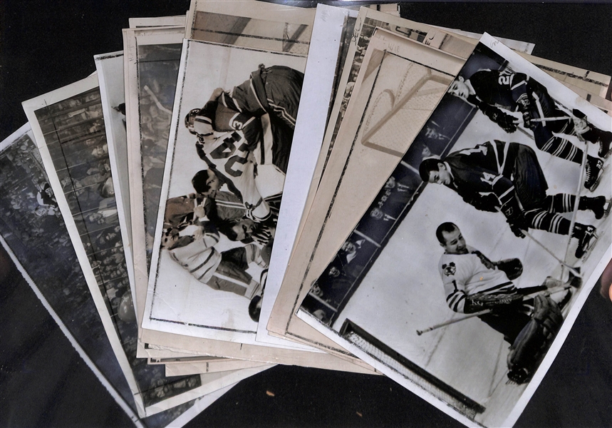 Lot of (18) 1966-67 NHL Hockey Type 1 Press/Wire Photos w. Mostly Rangers & Canadians w. Many Stars