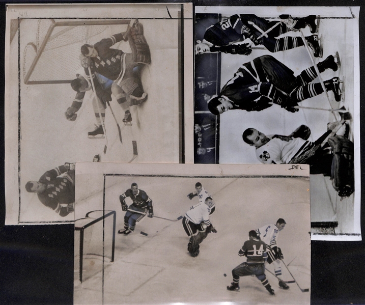 Lot of (18) 1966-67 NHL Hockey Type 1 Press/Wire Photos w. Mostly Rangers & Canadians w. Many Stars