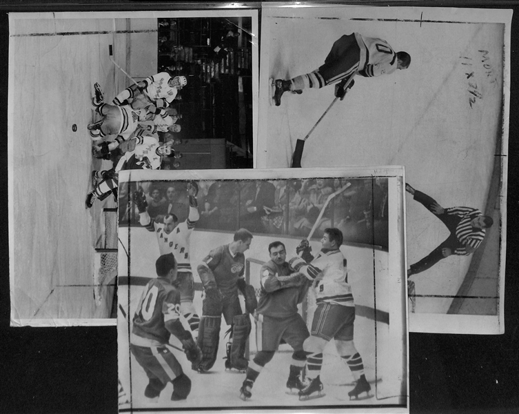 Lot of (18) 1966-67 NHL Hockey Type 1 Press/Wire Photos w. Mostly Rangers & Canadians w. Many Stars