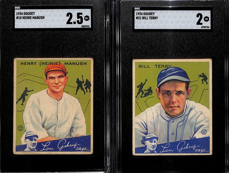 1934 Goudey Lot w. #18 Heinie Manush (SGC 2.5) & #21 Bill Terry (SGC 2)