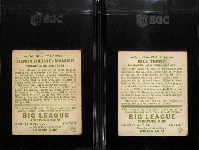 1934 Goudey Lot w. #18 Heinie Manush (SGC 2.5) & #21 Bill Terry (SGC 2)