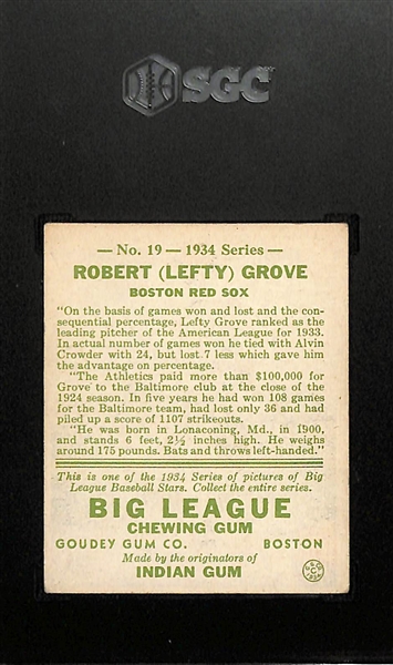 1934 Goudey #19 Lefty Grove Graded SGC 2.5
