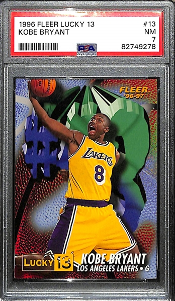 Lot of (9) Kobe Bryant Cards inc. 1996-97 Fleer Lucky 13 Rookie (PSA 7), 1996-97 Collectors Choice Triple with Kevin Garnett Rookie, +