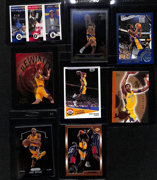 Lot of (9) Kobe Bryant Cards inc. 1996-97 Fleer Lucky 13 Rookie (PSA 7), 1996-97 Collectors Choice Triple with Kevin Garnett Rookie, +