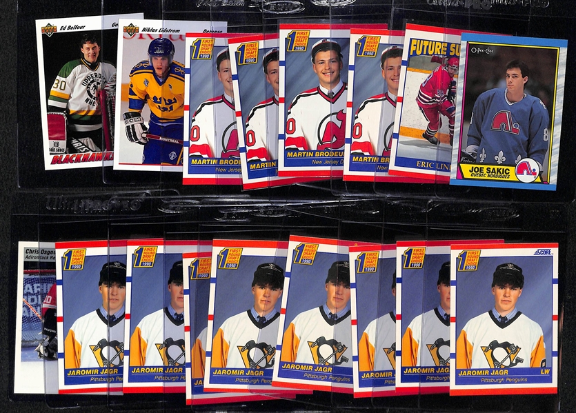 Lot of (17) 1990s Hockey Rookie Cards - Joe Sakic, Eric Lindros, (4) Martin Brodeur, Niklas Lindsrom, Ed Belfour, (8) Jaromir Jagr, Chris Osgood