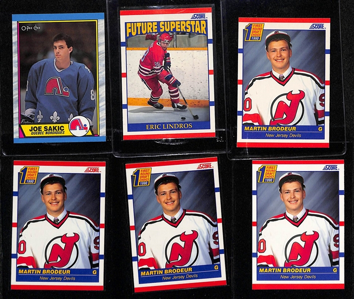 Lot of (17) 1990s Hockey Rookie Cards - Joe Sakic, Eric Lindros, (4) Martin Brodeur, Niklas Lindsrom, Ed Belfour, (8) Jaromir Jagr, Chris Osgood