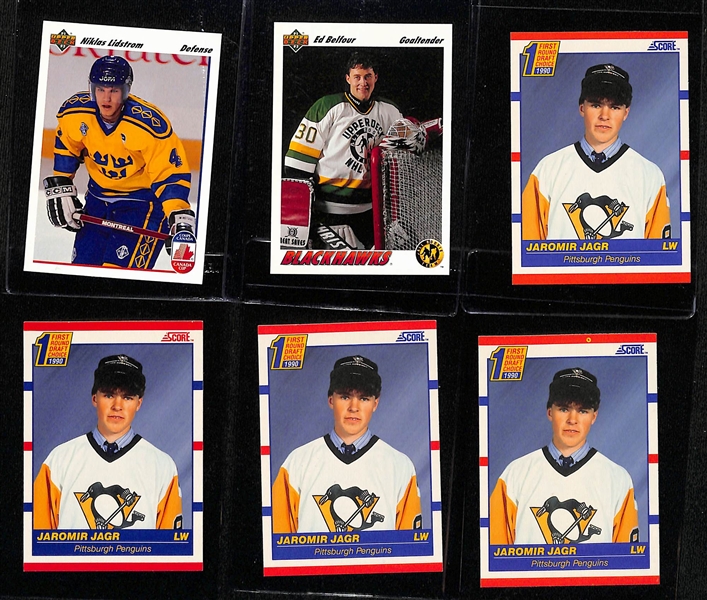 Lot of (17) 1990s Hockey Rookie Cards - Joe Sakic, Eric Lindros, (4) Martin Brodeur, Niklas Lindsrom, Ed Belfour, (8) Jaromir Jagr, Chris Osgood