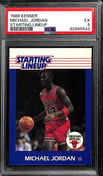 Lot of (3) PSA Graded Kenner Starting Lineup Michael Jordan Cards - 1988 (PSA 5), 1990 (PSA 8), 1990 Yellow (PSA 8)