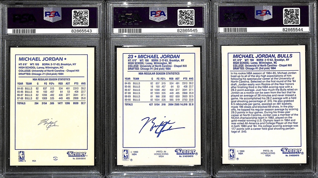 Lot of (3) PSA Graded Kenner Starting Lineup Michael Jordan Cards - 1988 (PSA 5), 1990 (PSA 8), 1990 Yellow (PSA 8)