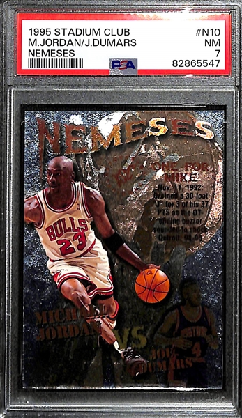 Lot of (2) PSA Graded Michael Jordan Insert Cards - 1995-96 Stadium Club Jordan/Dumars Nemeses (PSA 7), 1993-94 Fleer Sharpshooter (PSA 8)