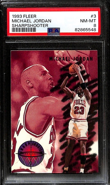 Lot of (2) PSA Graded Michael Jordan Insert Cards - 1995-96 Stadium Club Jordan/Dumars Nemeses (PSA 7), 1993-94 Fleer Sharpshooter (PSA 8)