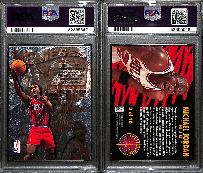 Lot of (2) PSA Graded Michael Jordan Insert Cards - 1995-96 Stadium Club Jordan/Dumars Nemeses (PSA 7), 1993-94 Fleer Sharpshooter (PSA 8)