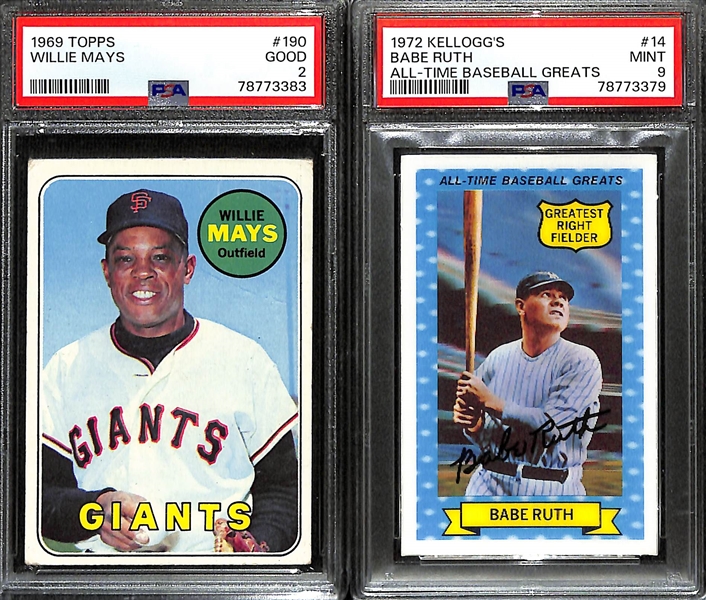 Lot of (2) PSA Graded Baseball Cards- 1969 Topps Willie Mays (PSA 2), 1972 Kellogg's Babe Ruth All Time Baseball Greats (PSA 9)