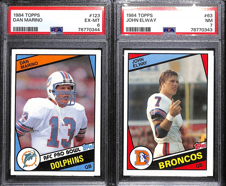 Lot of (2) PSA Graded 1984 Topps Football Hall of Fame Quarterback Rookie Cards - Dan Marino (PSA 6), John Elway (PSA 7)