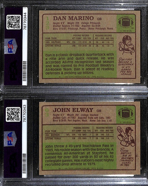 Lot of (2) PSA Graded 1984 Topps Football Hall of Fame Quarterback Rookie Cards - Dan Marino (PSA 6), John Elway (PSA 7)