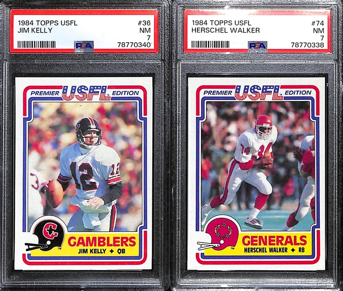 Lot of (2) PSA Graded 1984 Topps USFL Rookie Cards - Jim Kelly (PSA 7), Herschel Walker (PSA 7)