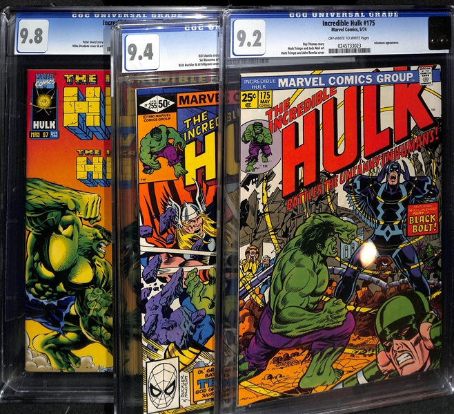 Lot of (3) CGC Graded Incredible Hulk Marvel Comics Issues - #453 (CGC 9.8),  #175 (CGC 9.2) (Inhumans Appearance), #255 (CGC 9.4) (Thor Appearance)