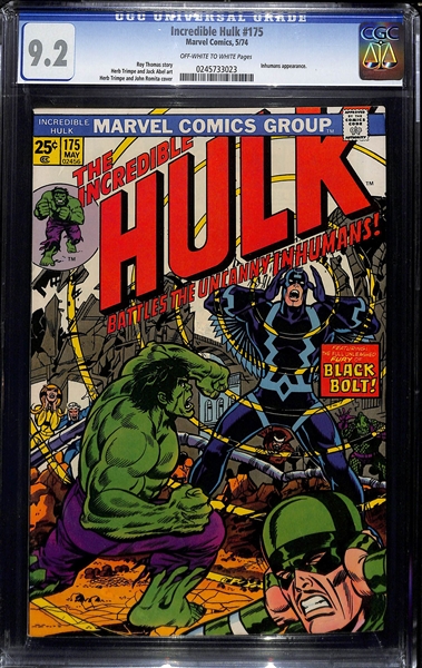 Lot of (3) CGC Graded Incredible Hulk Marvel Comics Issues - #453 (CGC 9.8),  #175 (CGC 9.2) (Inhumans Appearance), #255 (CGC 9.4) (Thor Appearance)