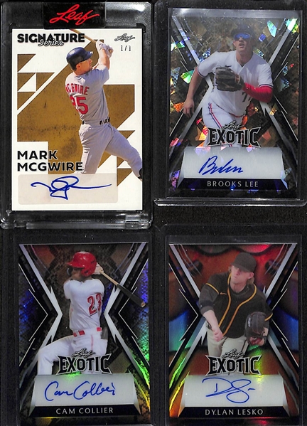 Lot of (4) 2023 Leaf Baseball Autograph Cards - Siganture Series Mark McGwire (#/1), Exotic Brooks Lee Rookie (#/5), Exotic Cam Collier Rookie (#/10), Exotic Dylan Lesko Rookie (#/4) 