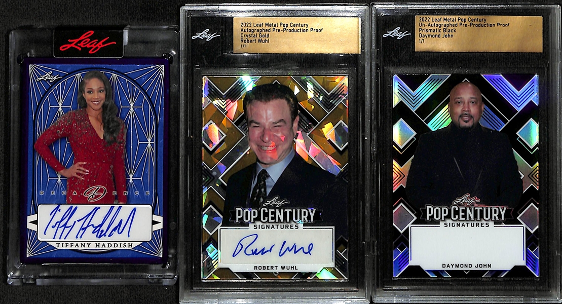 Lot of (3) 2023 Leaf Pop Century Cards- Decadence Tiffany Haddish (actor comedian) Autograph (#/8), Robert Wuhl (actor/comedian) Autograph (#1/1), Daymond John (#1/1 - from Shark Tank)