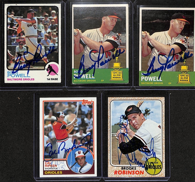 Lot of (16) Signed Baseball Cards inc. 1983 Topps Cal Ripken Jr, 1968 Topps Brooks Robinson, (2) 1963 Topps Boog Powell, 1973 Topps Boog Powell, + (JSA Auction Letter)