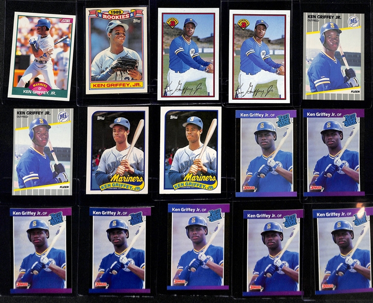 Lot of (34) Ken Griffey Jr Cards inc. 1989 Score Traded Rookie, 1989 Topps Rookies, (2) 1989 Bowman Rookies, (2) 1989 Fleer Rookies, +