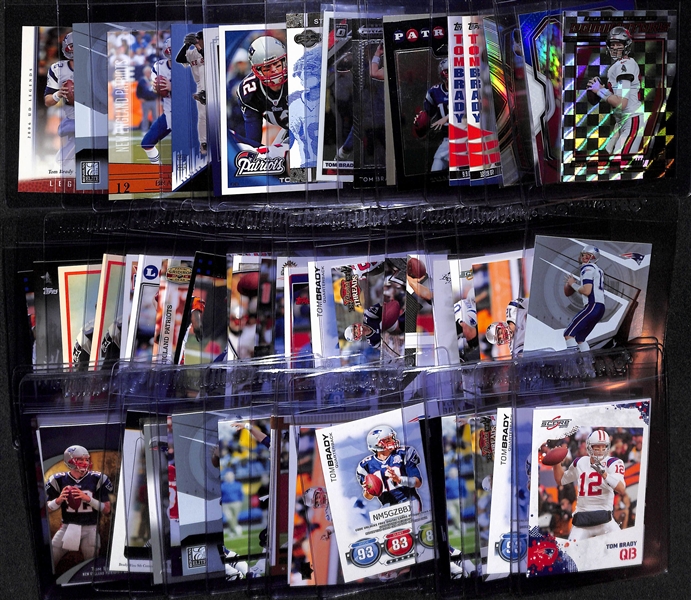 Lot of (60) Tom Brady Cards inc. 2021 Donruss Dominators, 2020 Prizm Red White and Blue, 2004 Upper Deck Diamond Pro Sigs, +