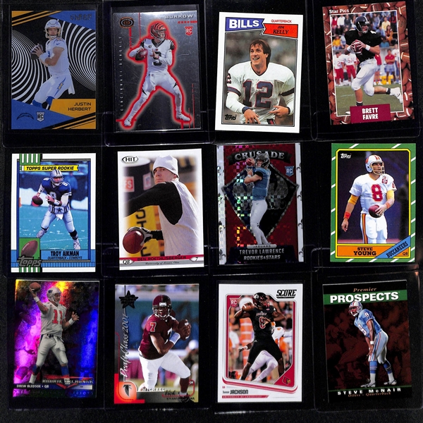 Lof of (35+) Quarterback Rookie Cards inc. Justin Herbert, Joe Burrow, Jim Kelly, Brett Favre, (2) Troy Aikman, +