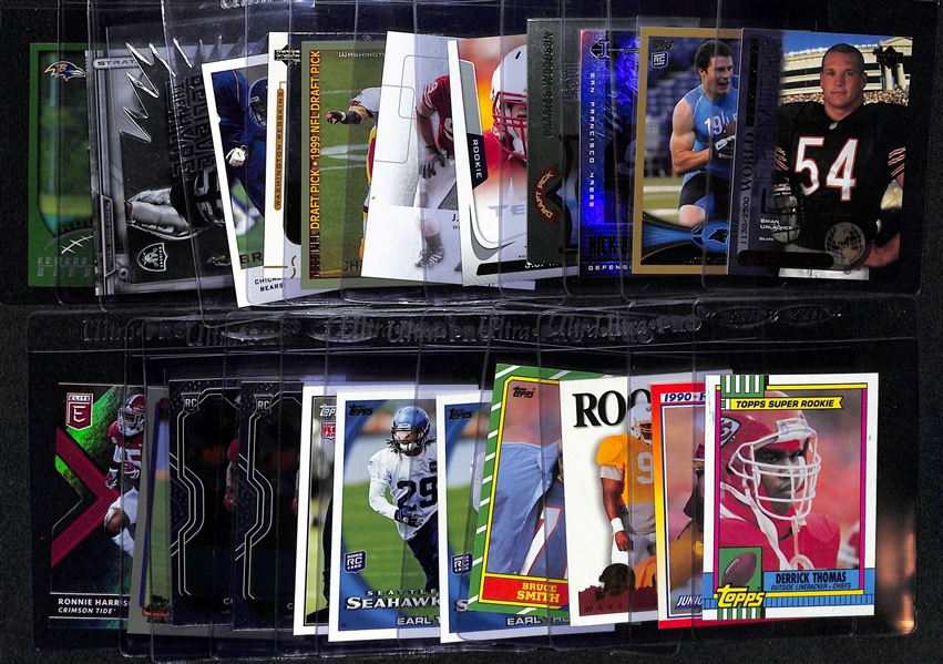 Lot of (23) Football Defensive Player Rookie Cards inc. Brian Urlacher (#/2500), Luke Kuechly (#/2012), Nick Bosa, +