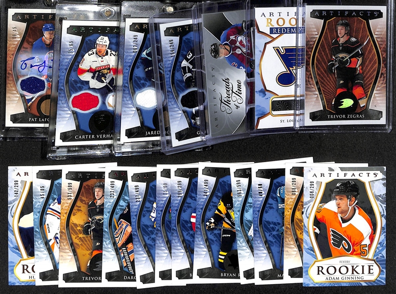 Lot of (19) 2023-24 Upper Deck Artifacts Cards inc. Pat LaFontaine Autograph Dual Patch (#/45), Carter Verhaeghe Dual Patch (#/65), +