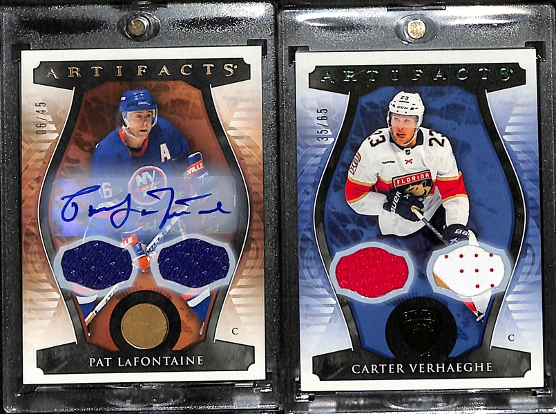 Lot of (19) 2023-24 Upper Deck Artifacts Cards inc. Pat LaFontaine Autograph Dual Patch (#/45), Carter Verhaeghe Dual Patch (#/65), +