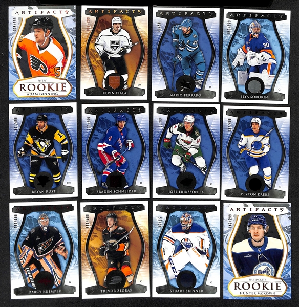 Lot of (19) 2023-24 Upper Deck Artifacts Cards inc. Pat LaFontaine Autograph Dual Patch (#/45), Carter Verhaeghe Dual Patch (#/65), +