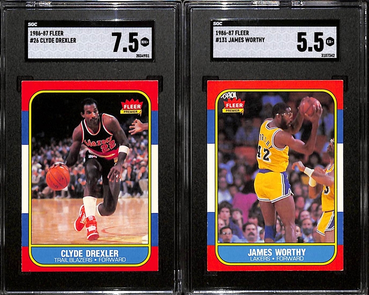 1986-87 Fleer Clyde Drexler #26 Rookie (SGC 7.5) & James Worthy #131 Rookie (SGC 5.5) 