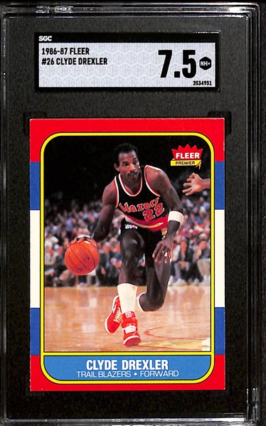 1986-87 Fleer Clyde Drexler #26 Rookie (SGC 7.5) & James Worthy #131 Rookie (SGC 5.5) 