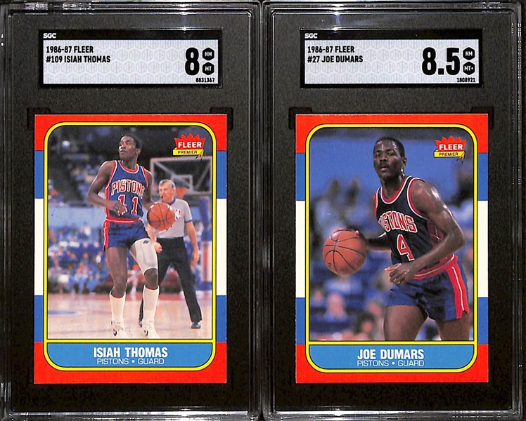 1986-87 Fleer Isiah Thomas #109 Rookie (SGC 8) & Joe Dumars #27 Rookie (SGC 8.5) 