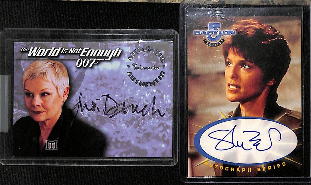 Lot of (6) Hollywood and Pop Culture Autograph Cards inc. 1999 Inkworks 007 Judi Dench, 1999 Babylon 5 Shari Belafonte, +