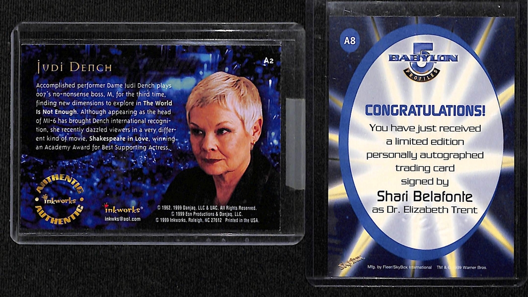 Lot of (6) Hollywood and Pop Culture Autograph Cards inc. 1999 Inkworks 007 Judi Dench, 1999 Babylon 5 Shari Belafonte, +