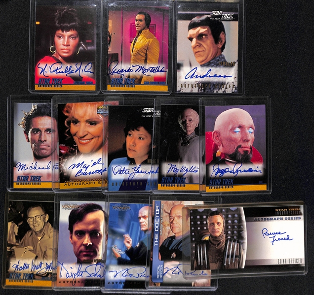 Lot of (13) SkyBox Star Trek Autograph Cards inc. 1999 Nichelle Nichols (Uhura), 1999 Ricardo Montalban (Khan), 1999 Andreas Katsulas (Tomalak), +